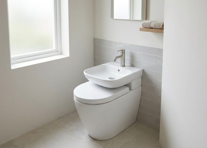 WC blanc avec lavabo intégré compact, robinet chromé, carrelage mural gris clair, fenêtre givrée et serviettes sur étagère.