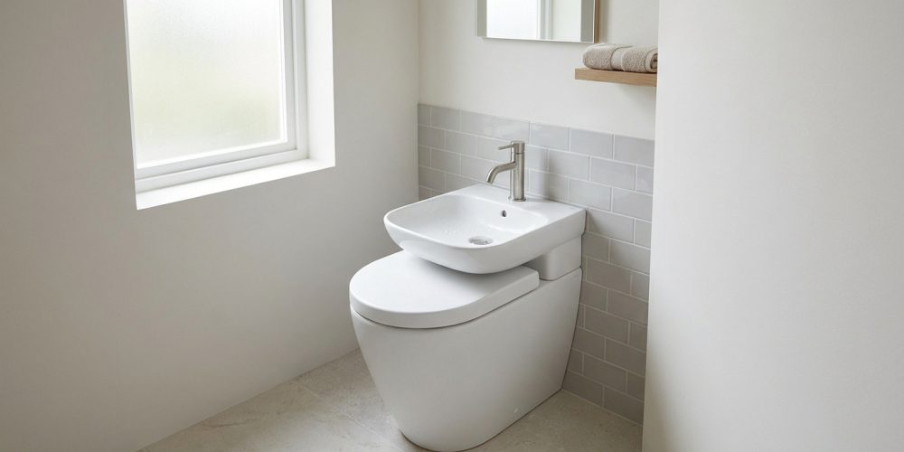 WC blanc avec lavabo intégré compact, robinet chromé, carrelage mural gris clair, fenêtre givrée et serviettes sur étagère.